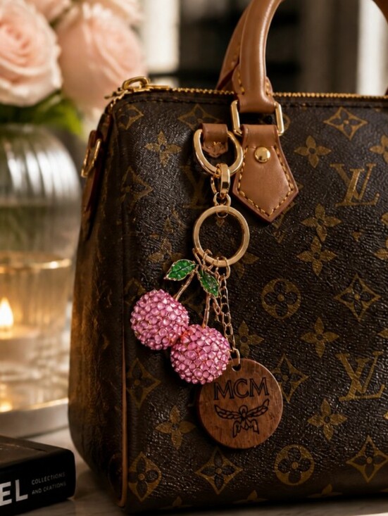 Handmade Accessories - MCM Brown Leather Logo Disk With Pink Crystal Cherry Keychain Designer Bag Charm